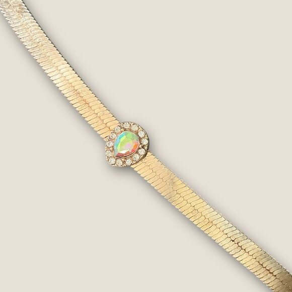 Vintage Jewelry - Retro 80s Herringbone Necklace With Rhinestone Accent Adjustable 14-16 Inches